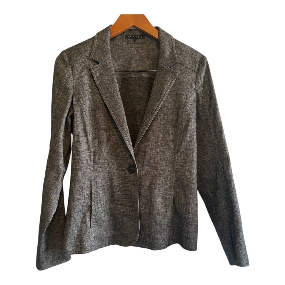 Theory Linen Blend Blazer Suit Jacket Women's Size Medium‎ Heather Gray 1-Button